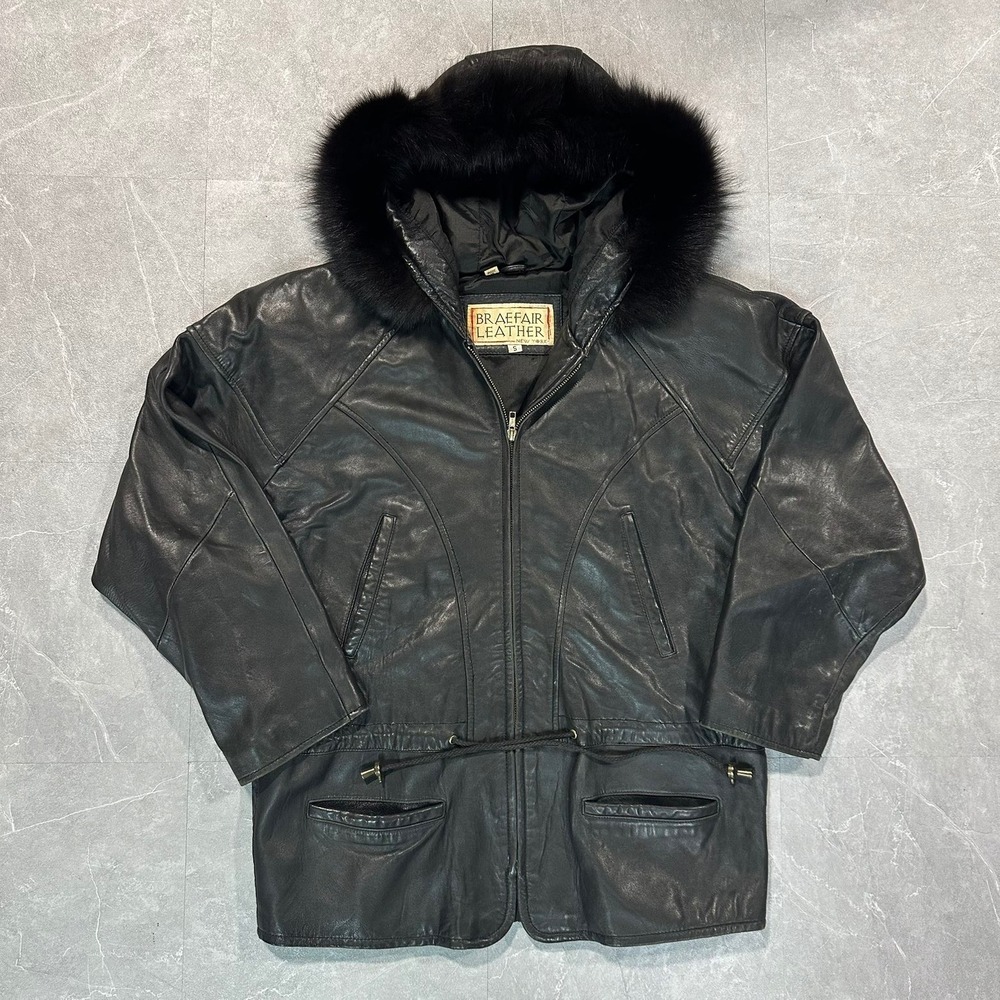 Braefair Leather New York Black Leather Hooded Fur Trim Parka Jacket Women Small